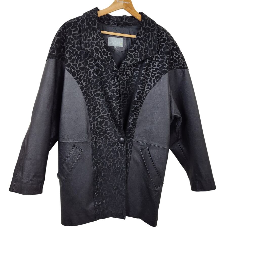 Vintage Accent Women 100% Leather Cheetah Trench Coat Small Oversized Black Goth